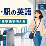 「電車・駅の英語 知っている英語で伝える」と書かれ、改札とホーム、電車を描いたイラスト