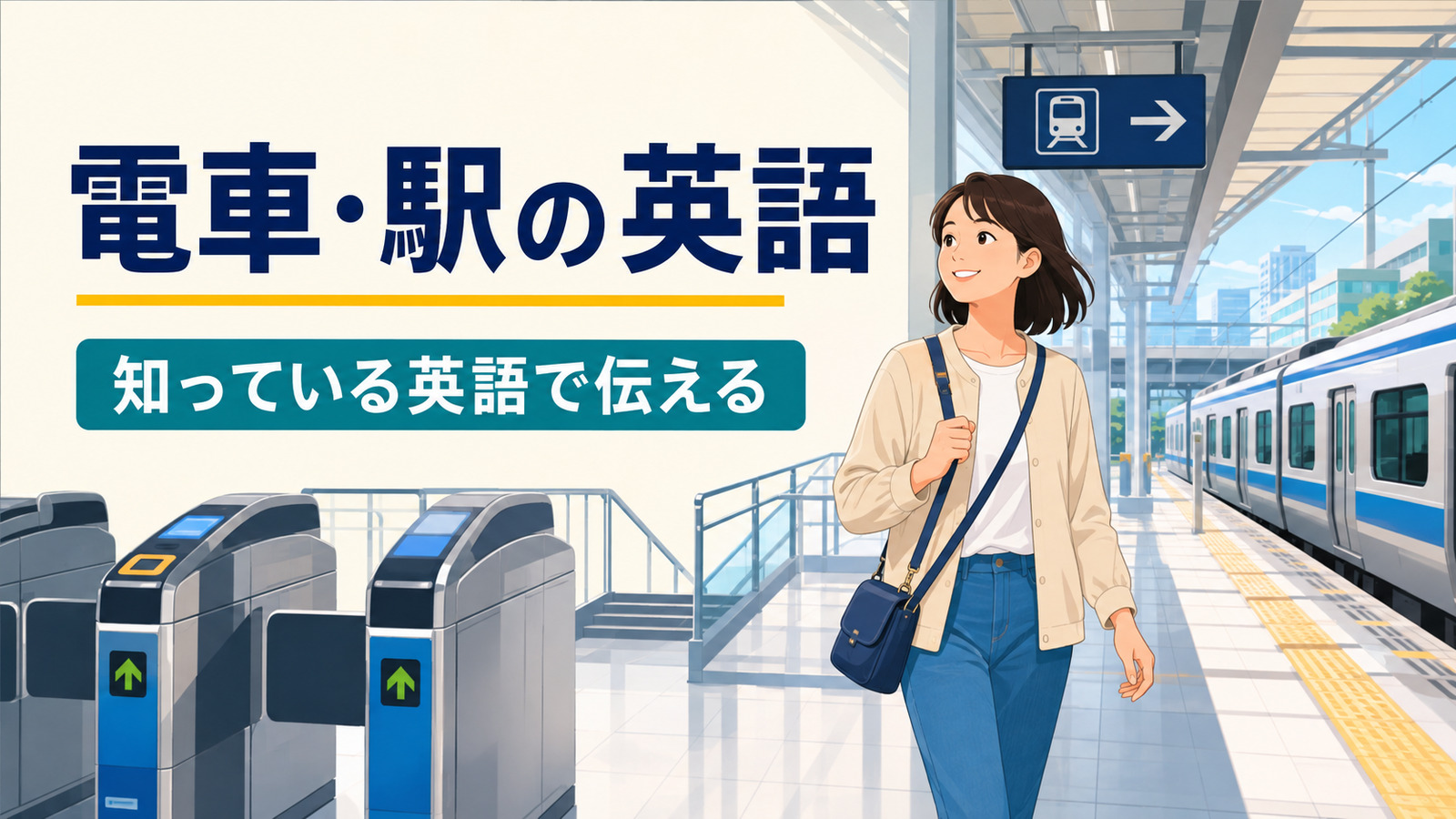 「電車・駅の英語 知っている英語で伝える」と書かれ、改札とホーム、電車を描いたイラスト