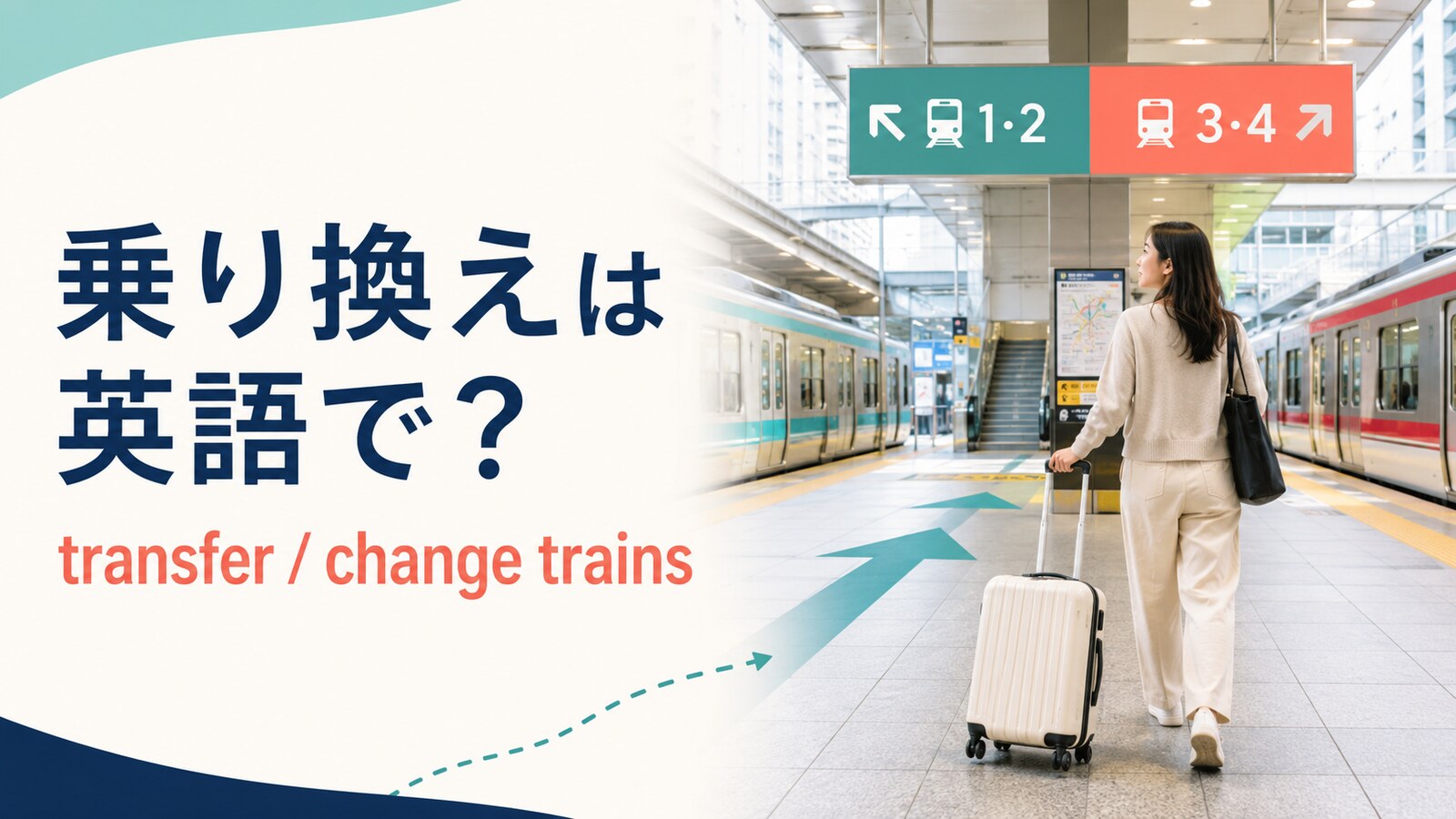 乗り換えは英語でtransfer・change trainsと解説する駅構内のアイキャッチ