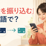 スマートフォンで銀行振込をする女性と「お金を振り込むは英語で？」の文字
