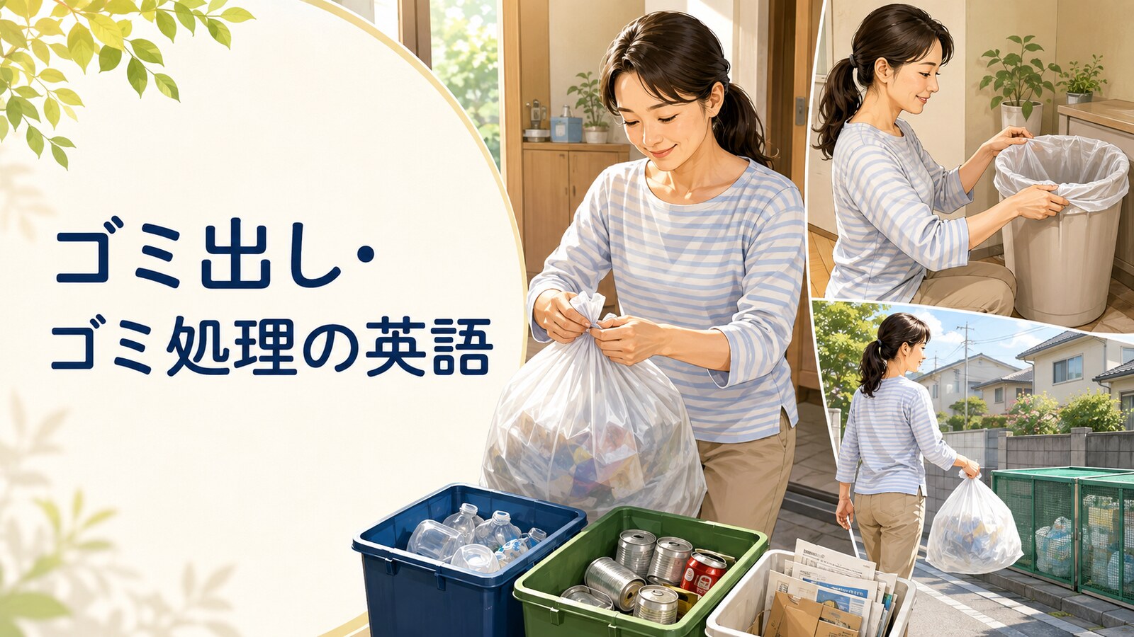 ゴミをまとめ、分別し、袋を替えて外へ出す女性