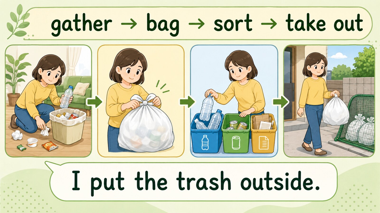 gather・bag・sort・take outのゴミ処理工程とI put the trash outsideの言い換え図