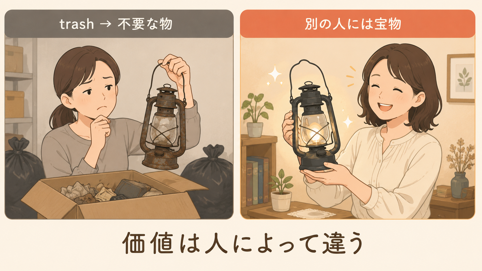 One man’s trash is another man’s treasure.の直訳と実際のニュアンスを比べる解説イラスト
