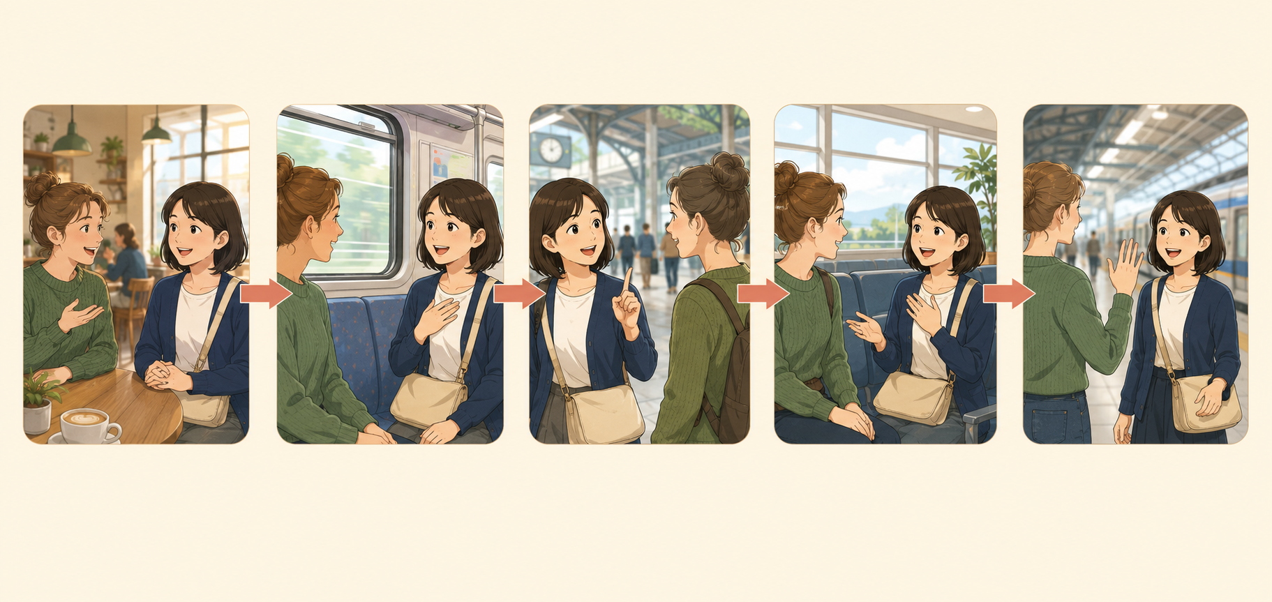 旅行先で話しかけられ、短く答え、質問を返し、反応して会話を終える流れ