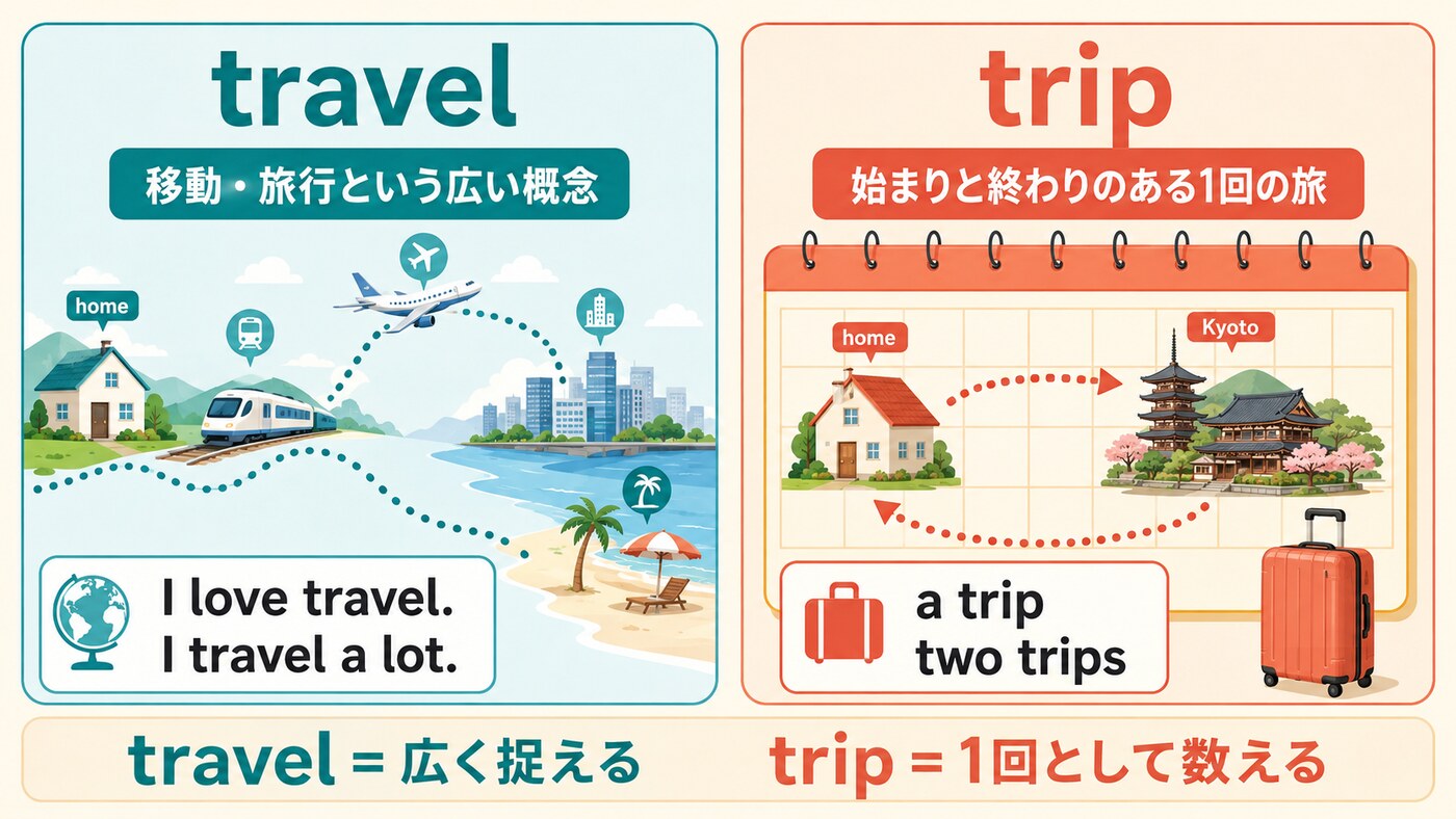 travelは旅行という広い概念、tripは始まりと終わりのある1回の旅と示す図解