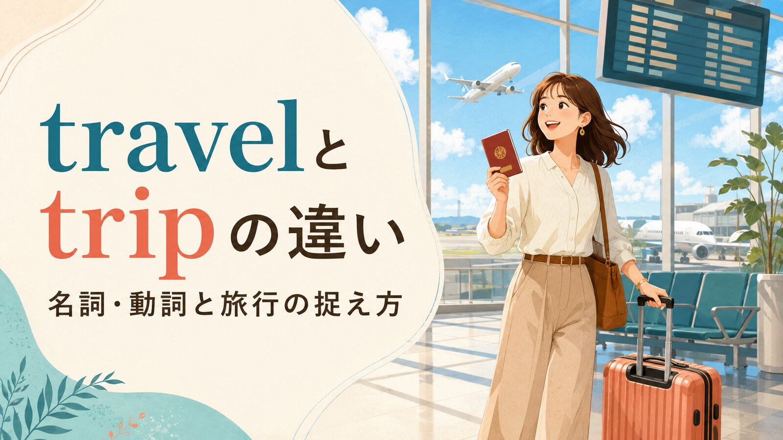 travelとtripの違い、名詞・動詞と旅行の捉え方を表すアイキャッチ