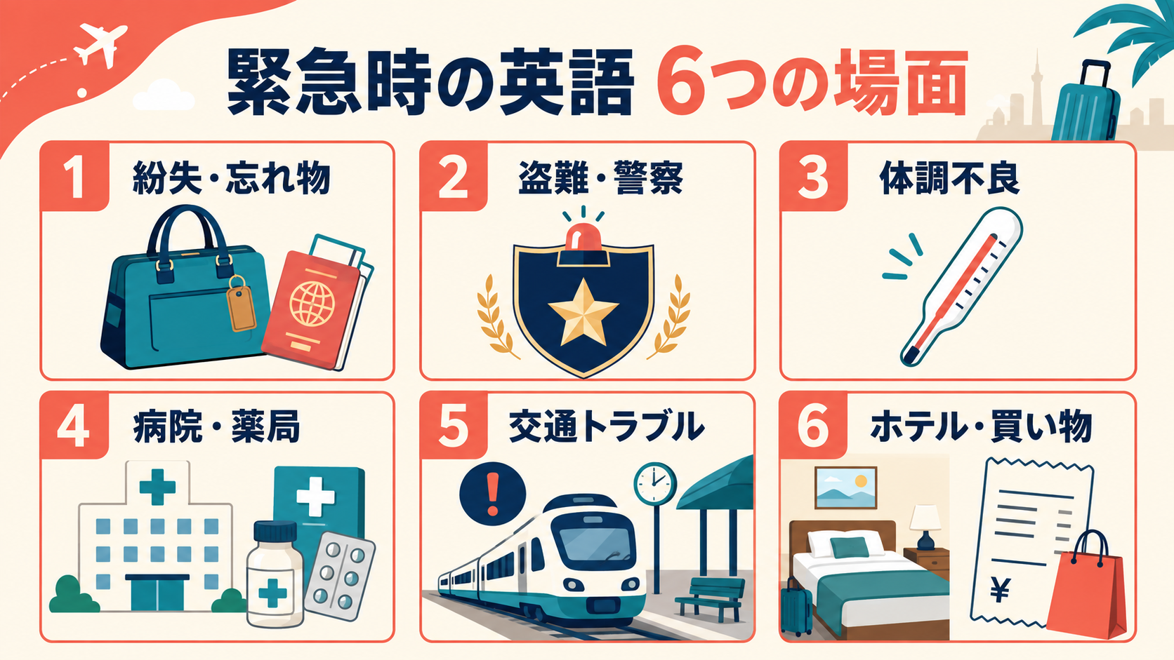 紛失・盗難・体調不良・病院・交通・ホテルの6場面を示す図解