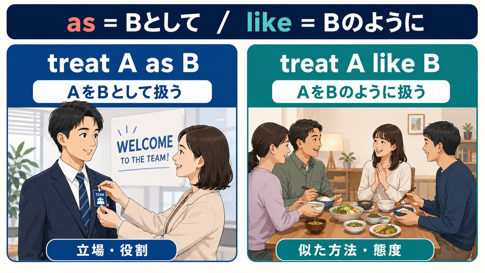 treat A as Bとtreat A like Bの意味とニュアンスの違いを比較する図