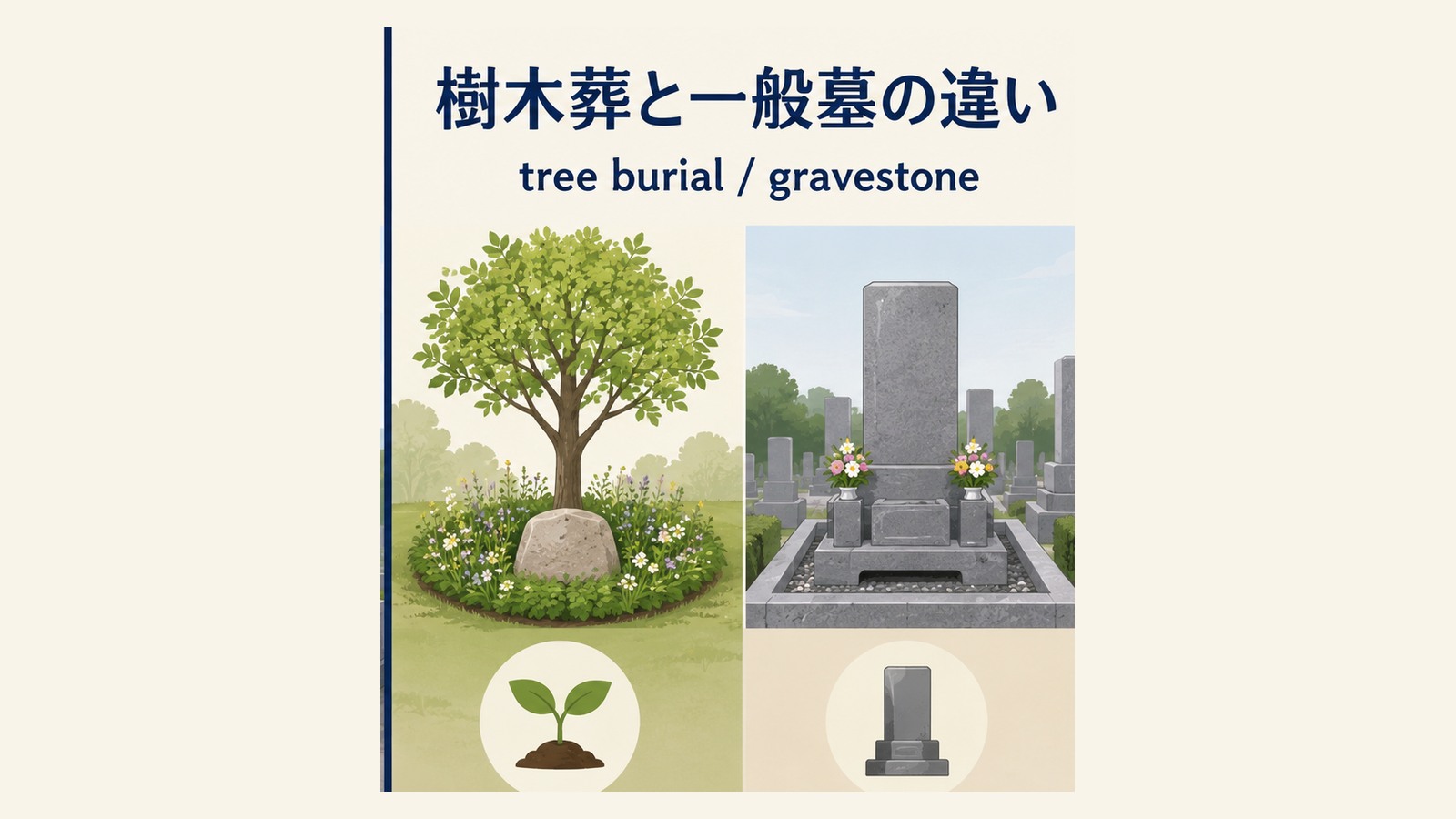樹木葬の英語表現と使い分けを説明するイラスト