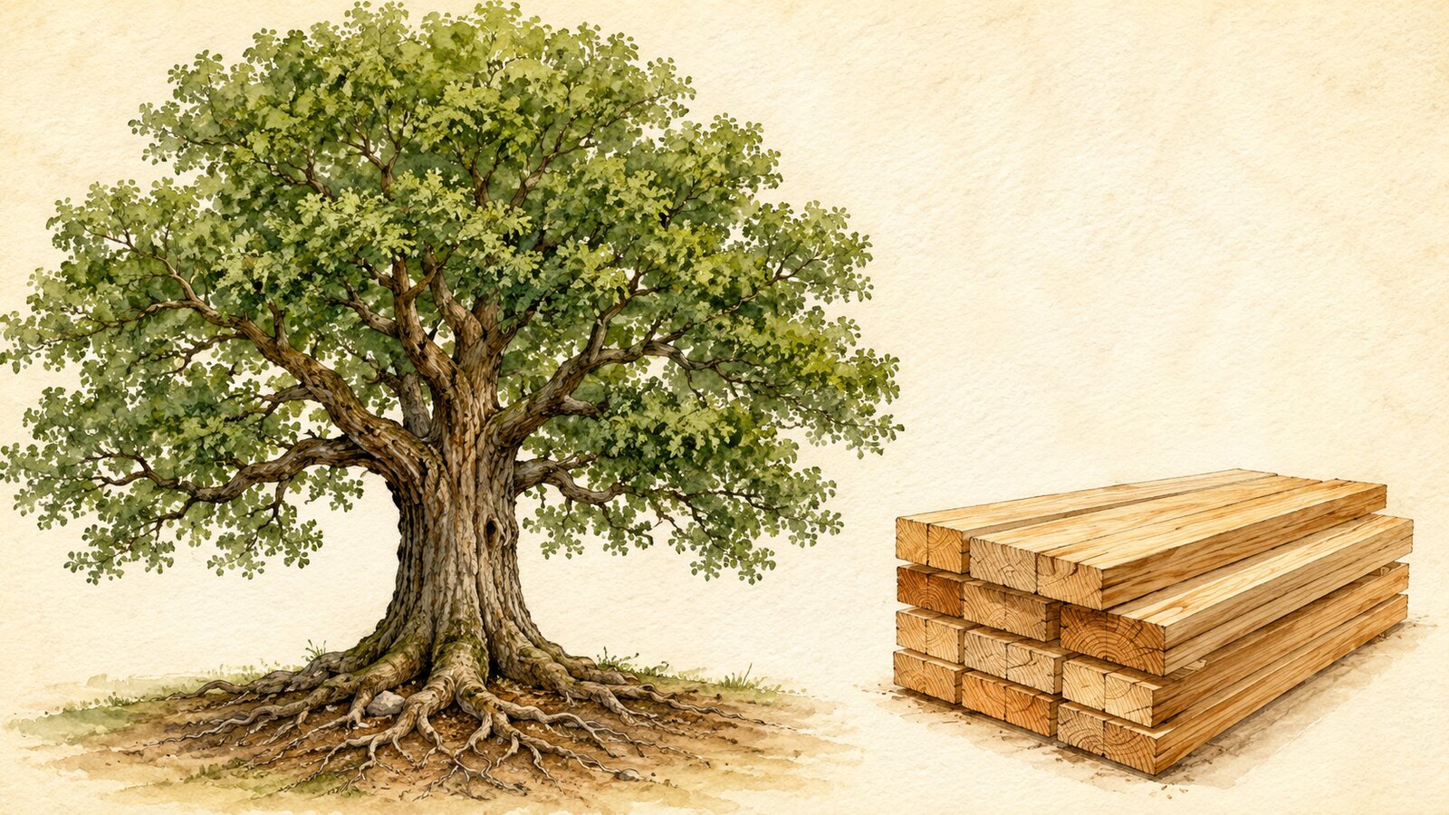 生えている木treeと材料の木wood、幹・枝・樹皮・根の図解