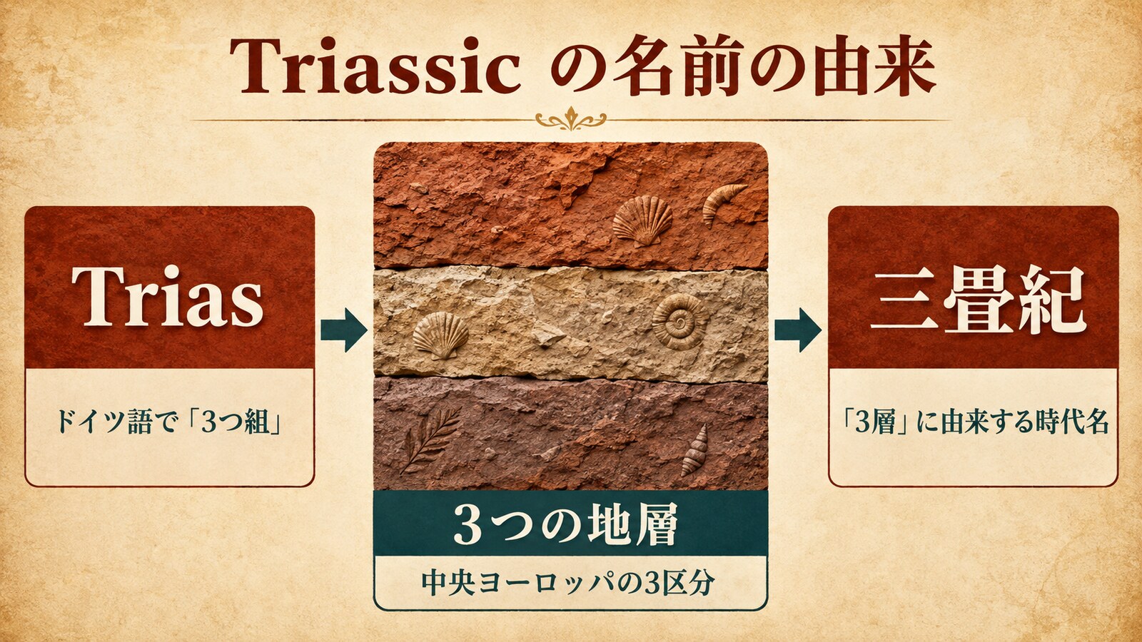Triassicの名前が中央ヨーロッパの3つの地層区分に由来することを示す図