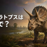 白亜紀の大地に立つトリケラトプスと「トリケラトプスは英語で?」の文字