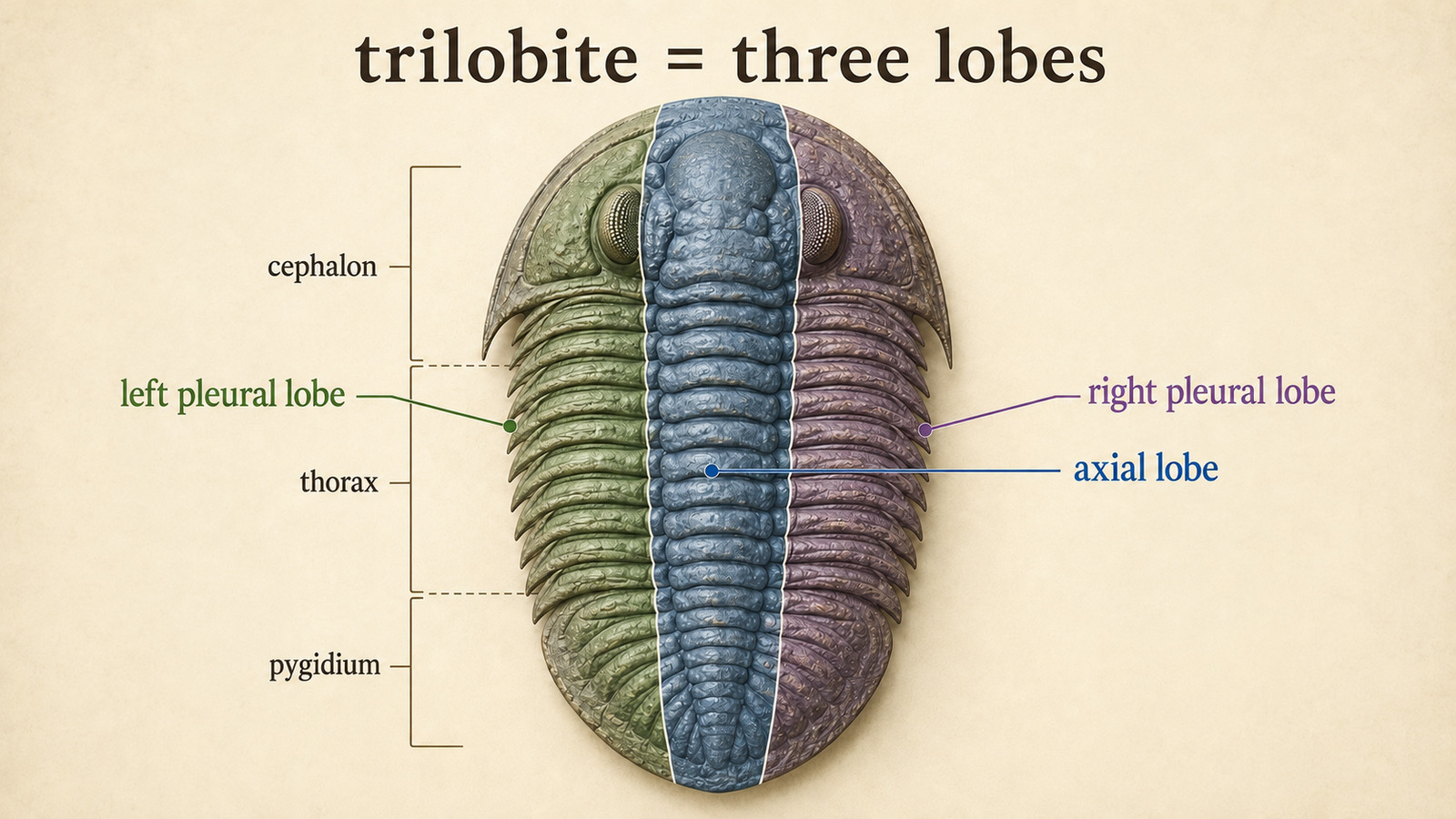 trilobiteの中央のaxial lobeと左右のpleural lobes、cephalon・thorax・pygidiumを示す図
