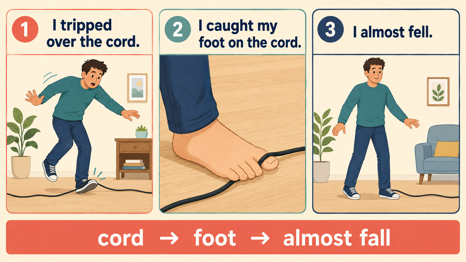 I tripped over the cord.、I caught my foot on the cord.、I almost fell.の流れを示した図
