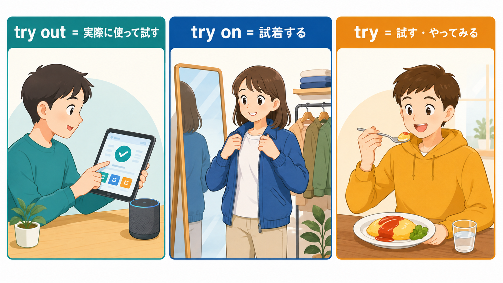 try out・try on・tryの意味と使い方の違いを比較したイラスト