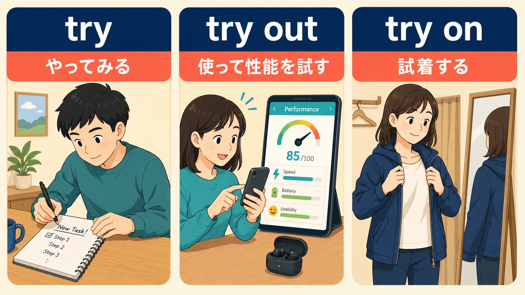 try・try out・try onの違いを比較した図