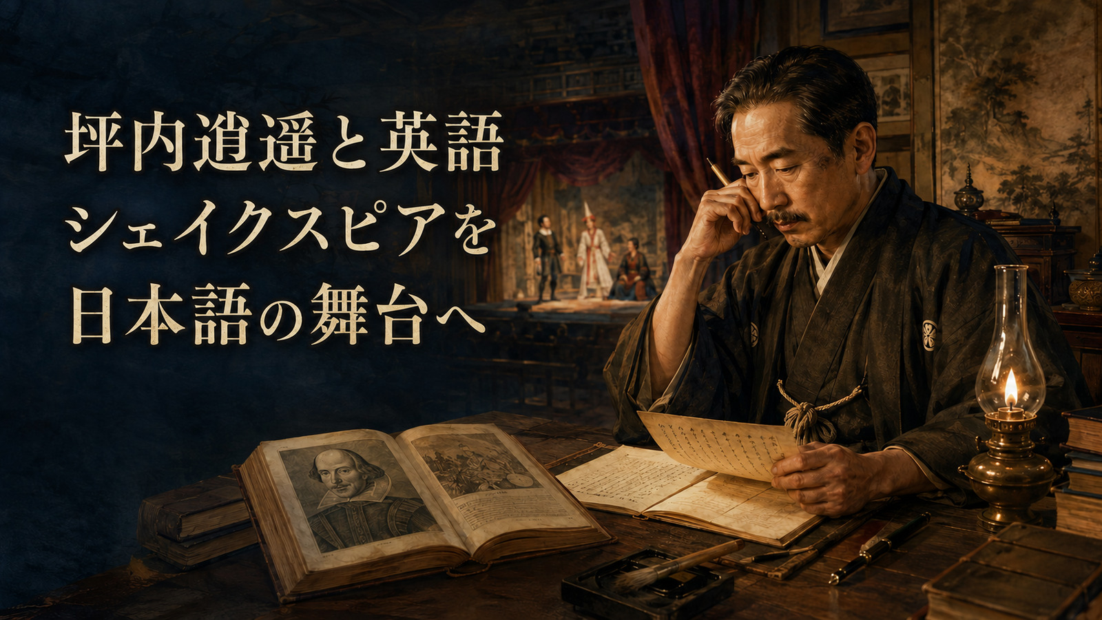 坪内逍遥がシェイクスピアを日本語の舞台へ翻訳した仕事を表すアイキャッチ