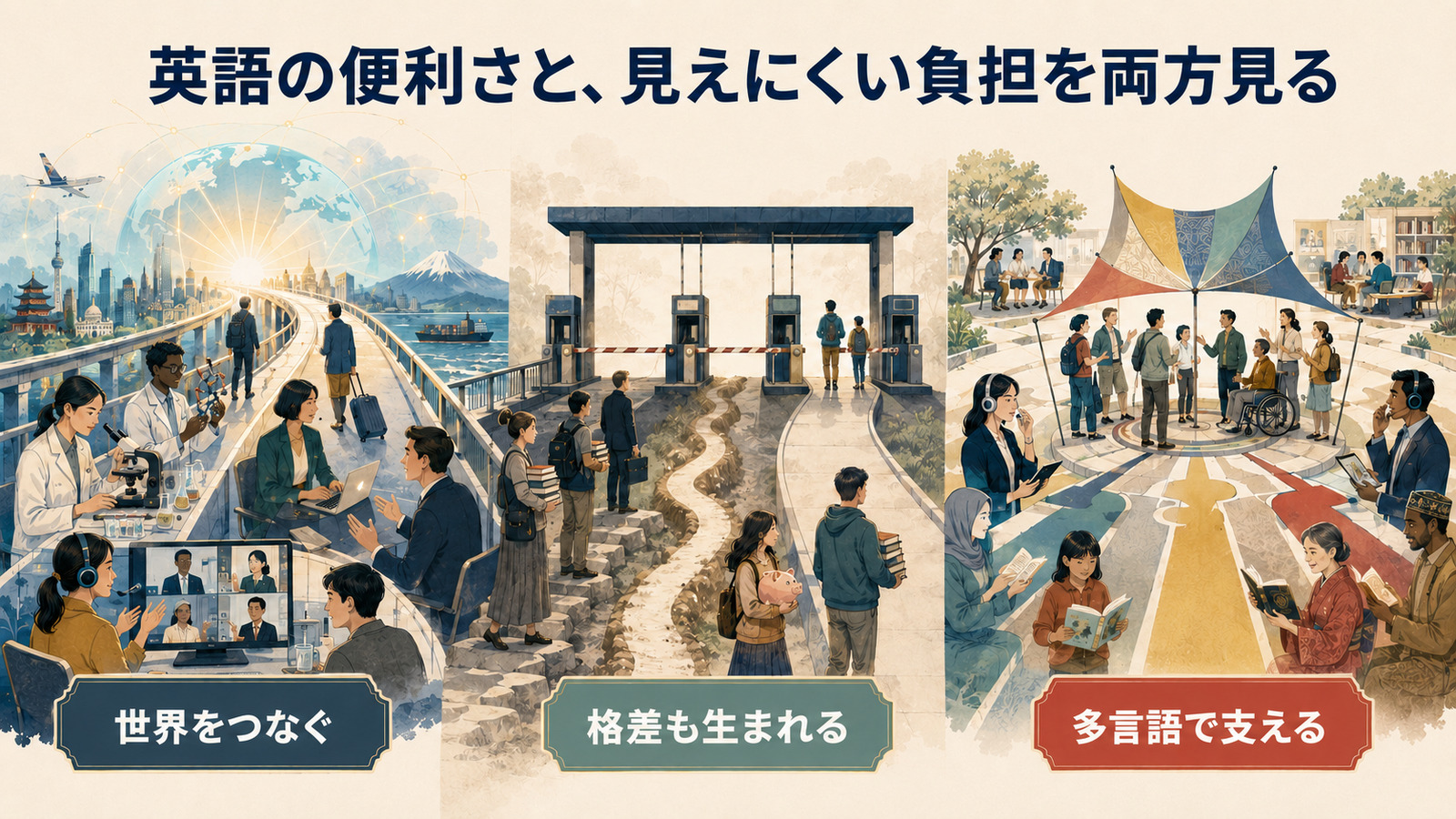 英語は世界をつなぐ一方で格差も生むため多言語で支える必要があることを示す図