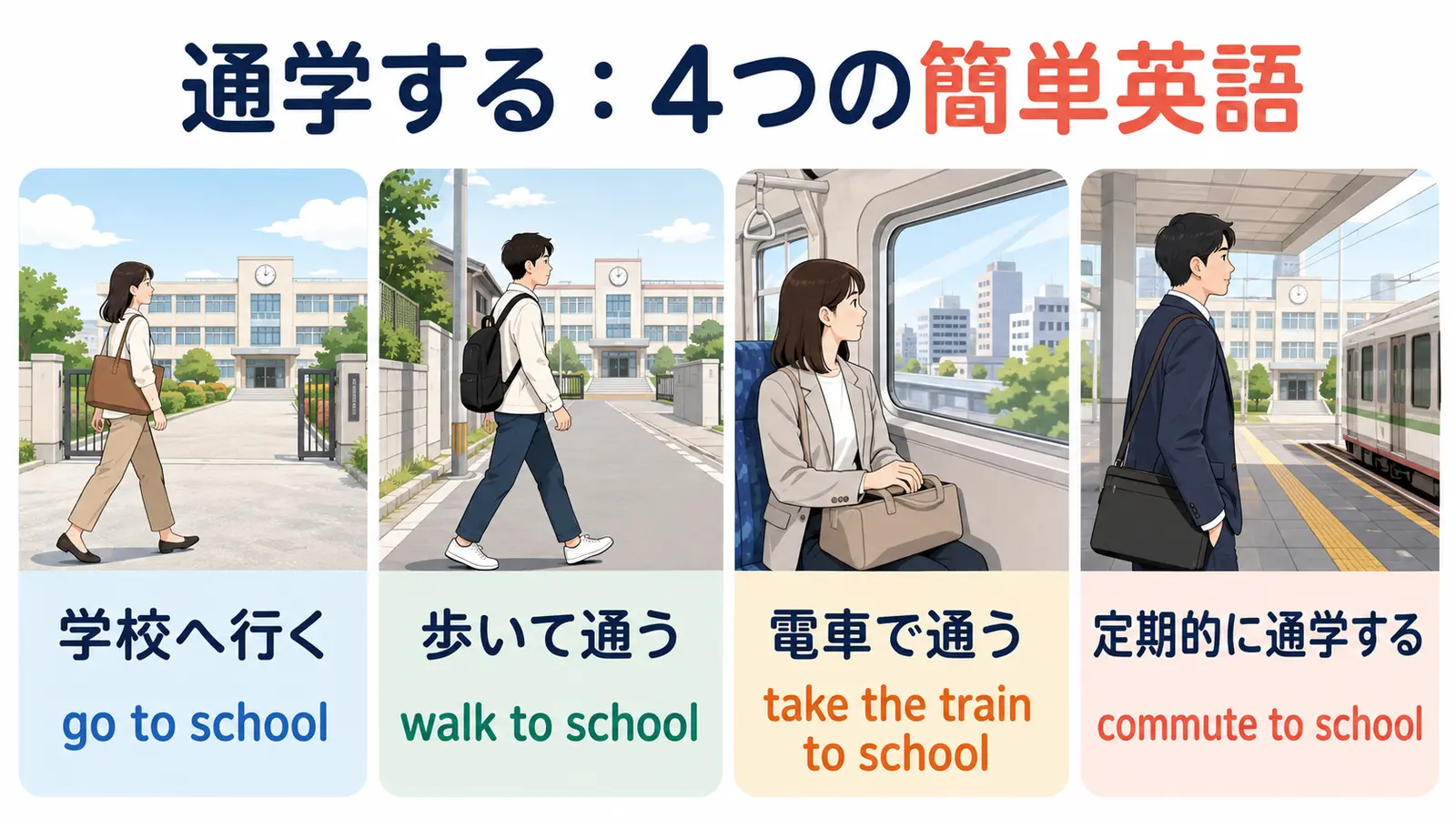 通学するを表すgo to school・walk to school・take the train to school・commute to schoolの比較図