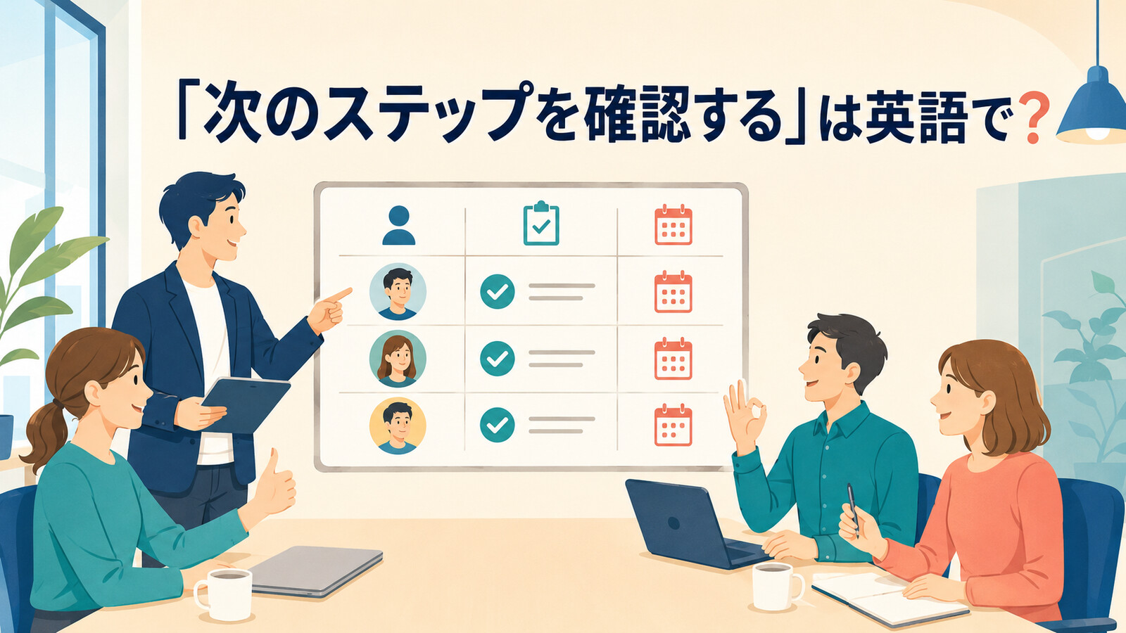 会議で担当者・作業・期限を確認する様子と「次のステップを確認するは英語で?」の文字
