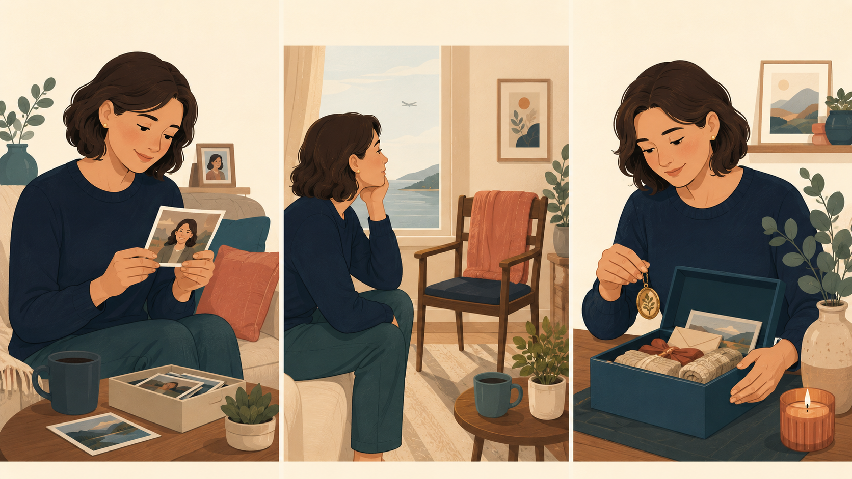 温かく思い出す、いなくて寂しく思う、思い出を大切にする違いを示すイラスト