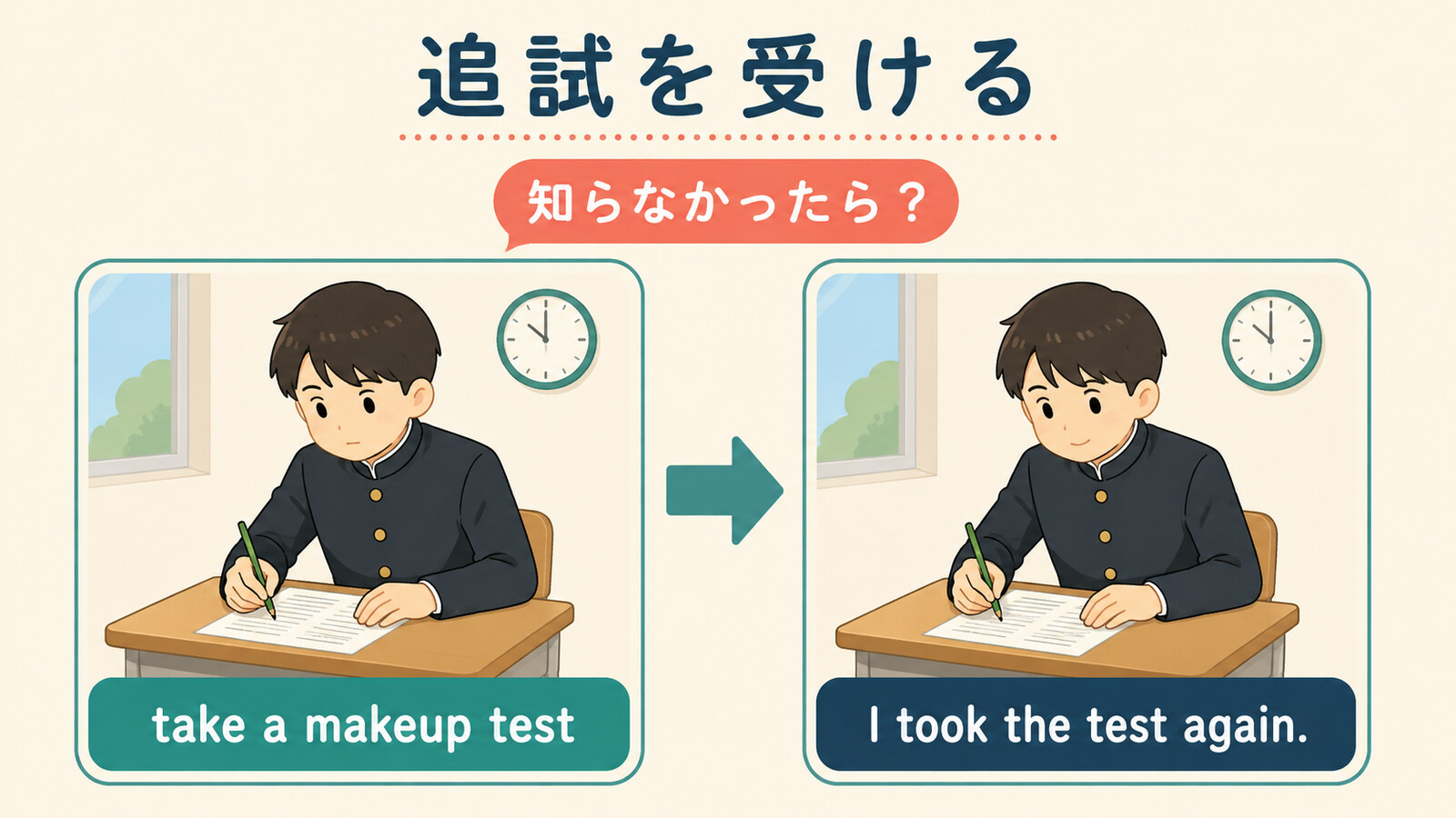 追試を受けるをI took the test again.と言い換えるしゅみすけ式イラスト