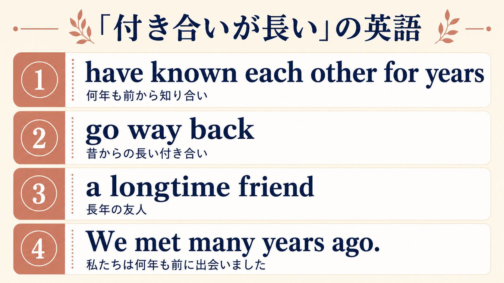 付き合いが長いを表す英語表現の比較図解