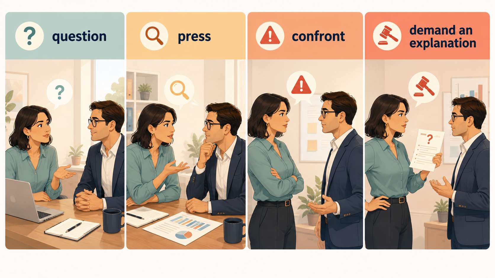 question・press・confront・demand an explanationの違い