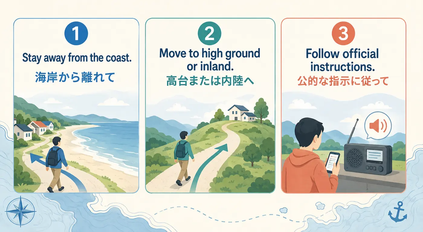 海岸から離れる・高台または内陸へ移動する・公的な指示に従う英語表現