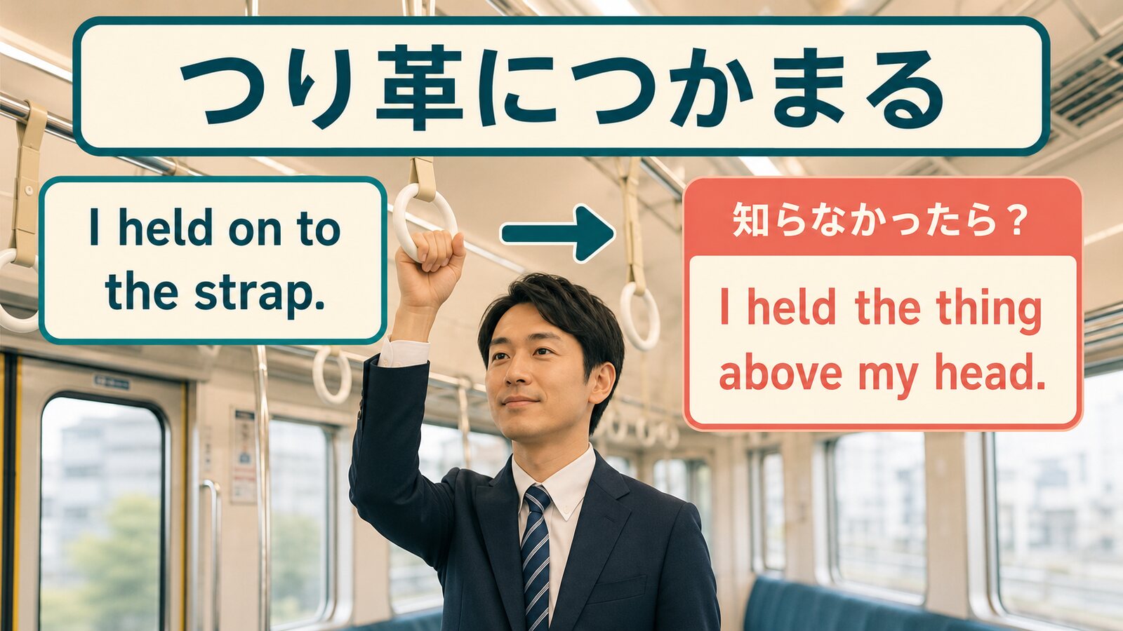 つり革につかまるを I held the thing above my head. と簡単な英語で説明するイラスト
