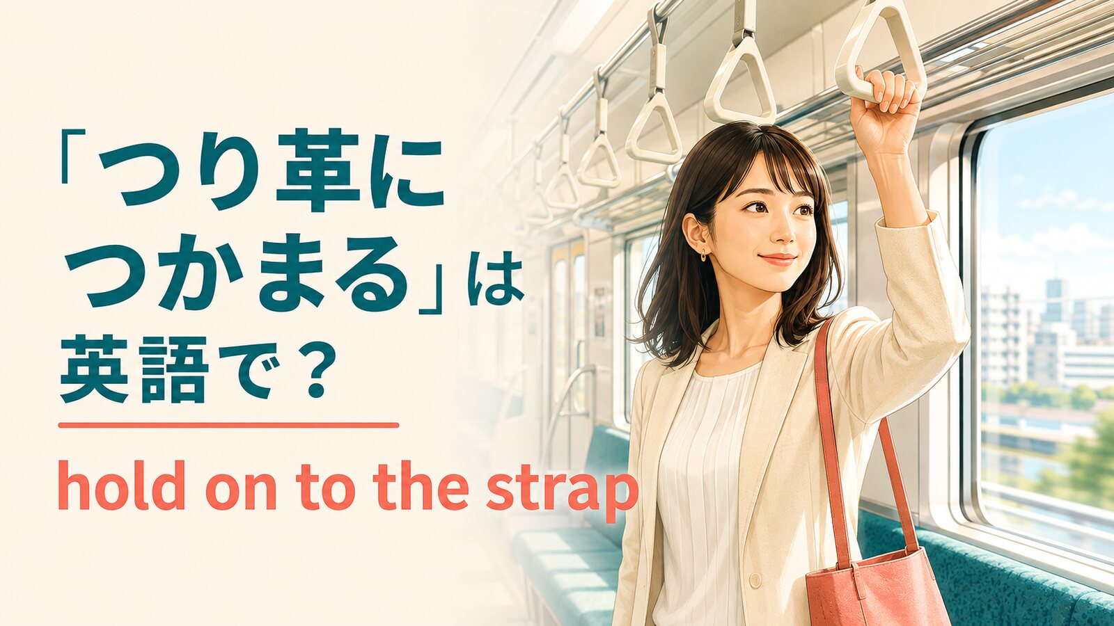 電車でつり革につかまる女性と「つり革につかまるは英語で？ hold on to the strap」の文字