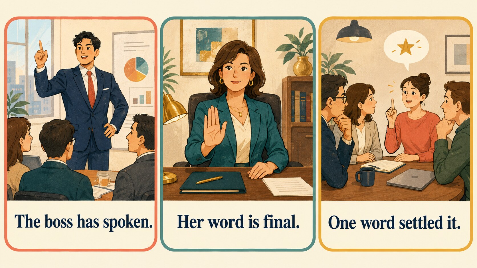 The boss has spoken、Her word is final、One word settled it の使い分けイラスト