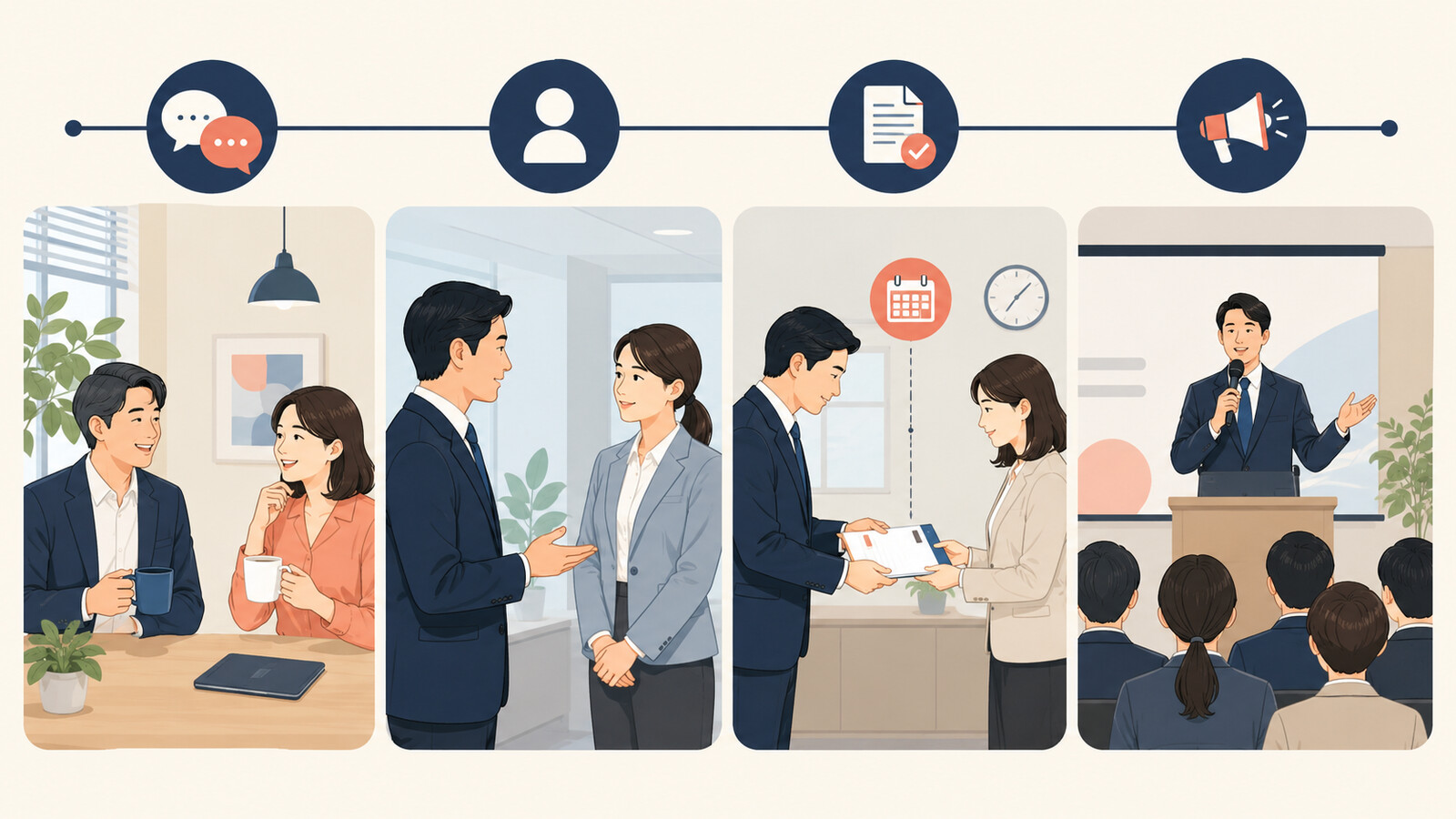 日常的に伝える・正式に通知する・書面で予告する・公表する違いのイラスト