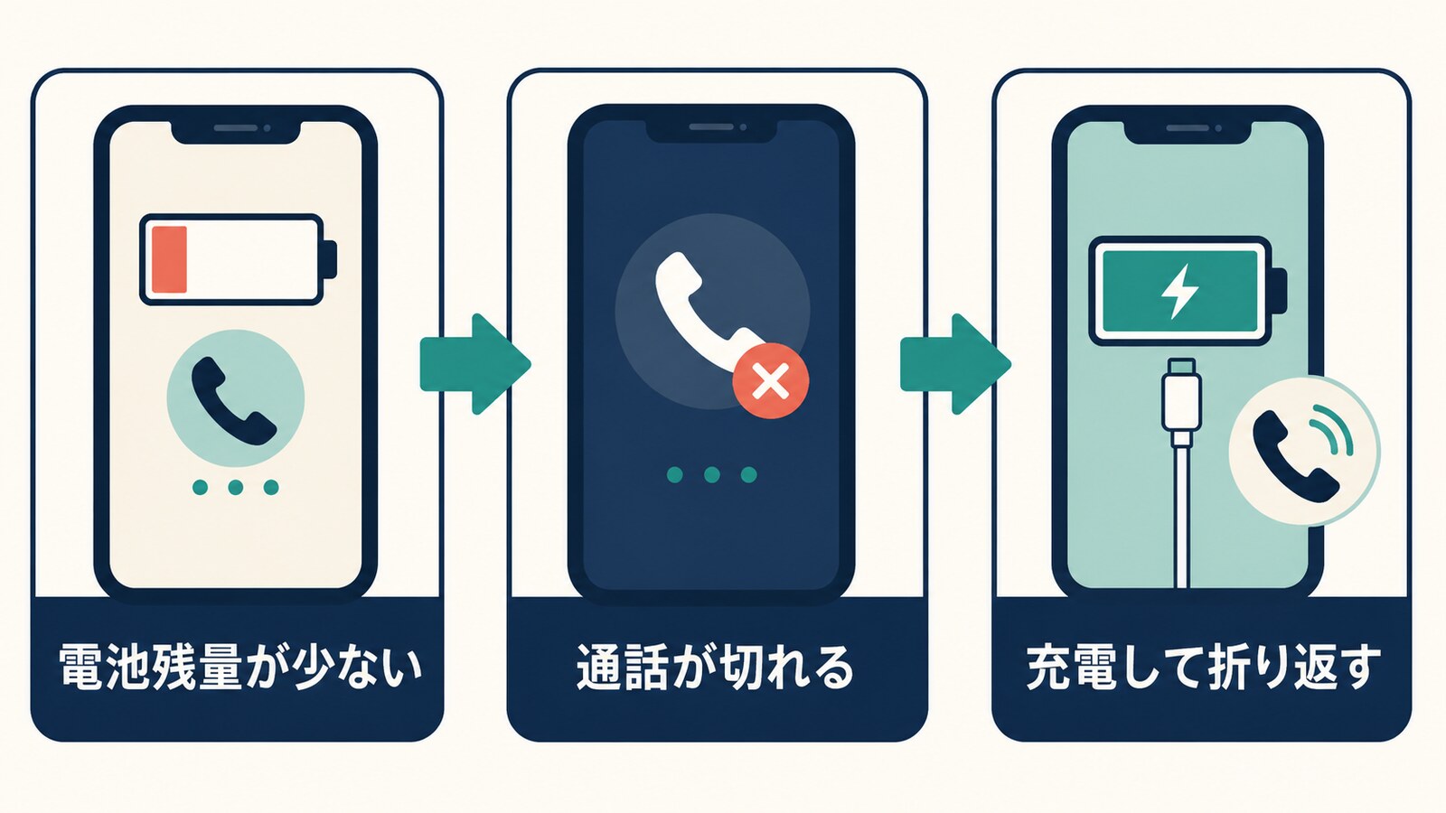 電池残量が減り、通話が切れたあと充電して折り返す流れ