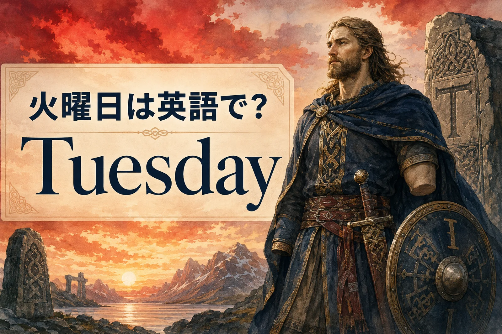 火曜日は英語でTuesdayと示した北欧神テュールのイラスト