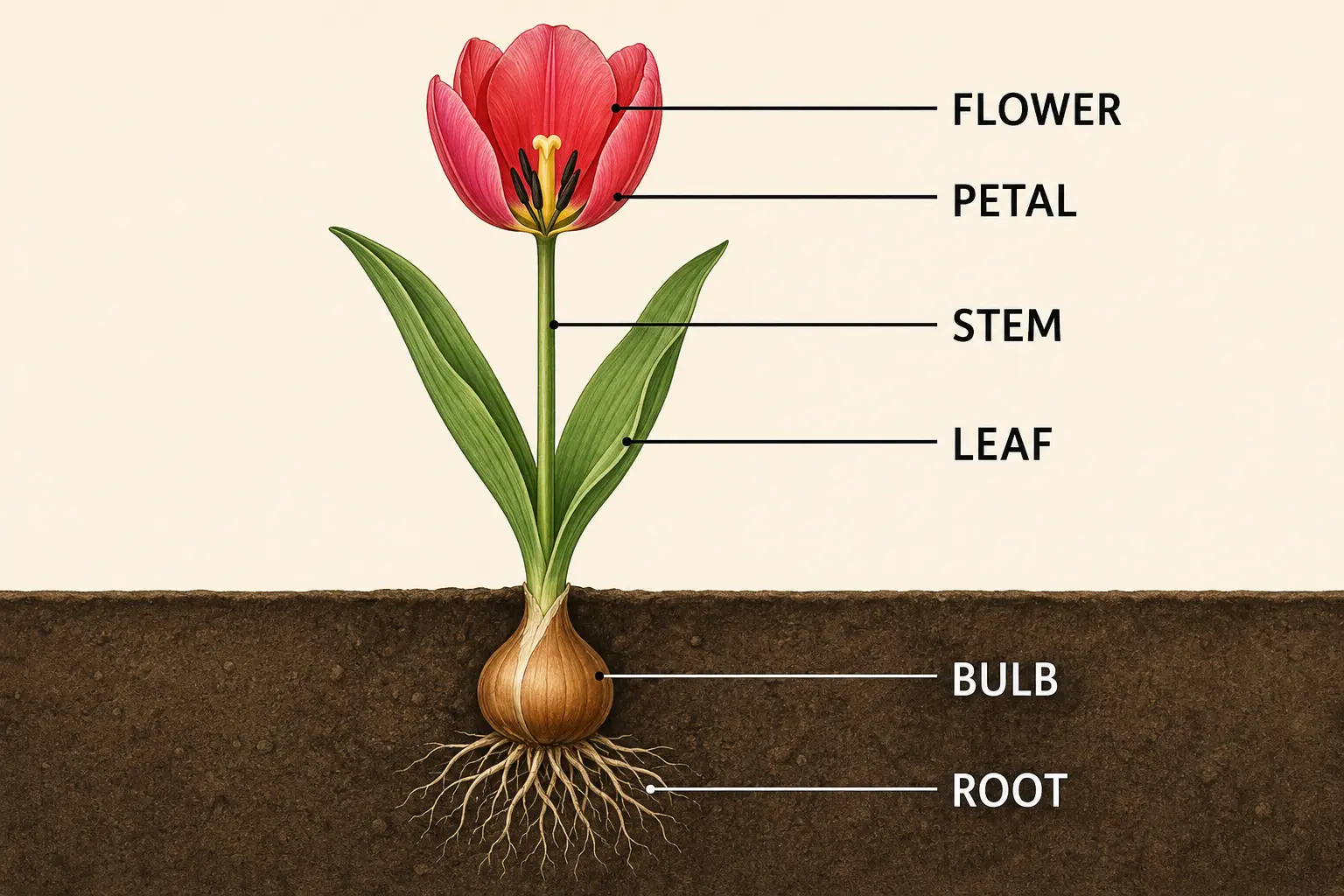 チューリップの花・花びら・茎・葉・球根・根を英語で示した図