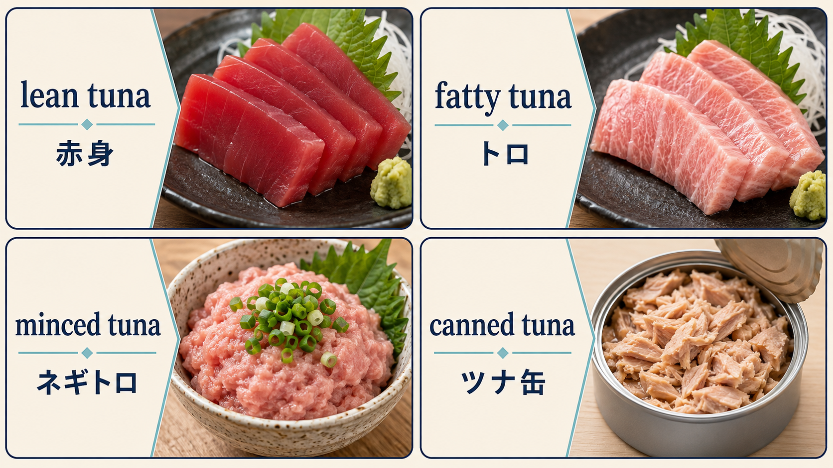 赤身、トロ、ネギトロ、ツナ缶の英語表現