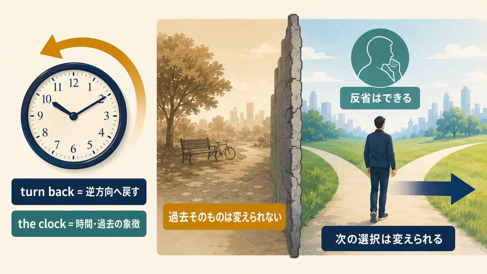 turn back the clockが過去の時間や状態へ戻す意味になるイメージ解説