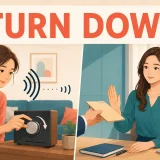 TURN DOWNの文字と、音量を下げる・提案を断る場面を描いたイラスト