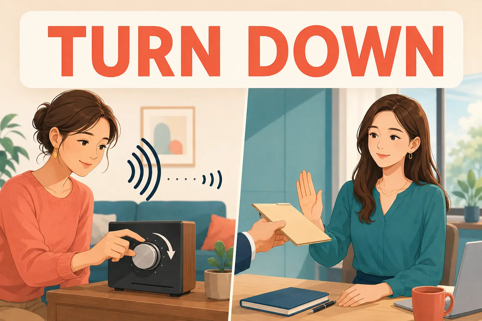 TURN DOWNの文字と、音量を下げる・提案を断る場面を描いたイラスト