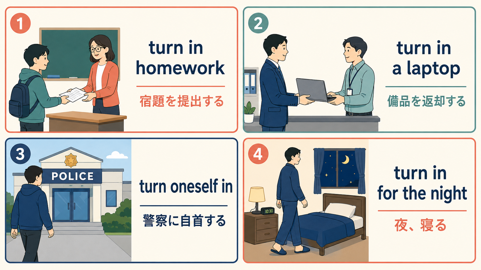 turn inの宿題を提出する・備品を返却する・警察に自首する・夜寝るという4つの用法