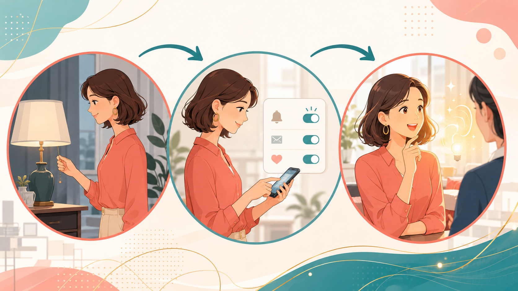 turn onの電源・通知・興味を引く意味のつながりを表す記事内イラスト