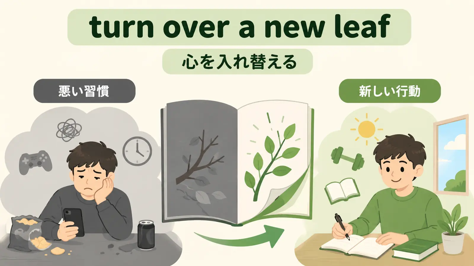 turn over a new leafの中心イメージとニュアンスを解説するイラスト