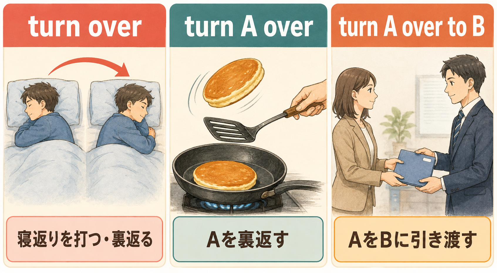 turn over、turn A over、turn A over to Bの語順と意味