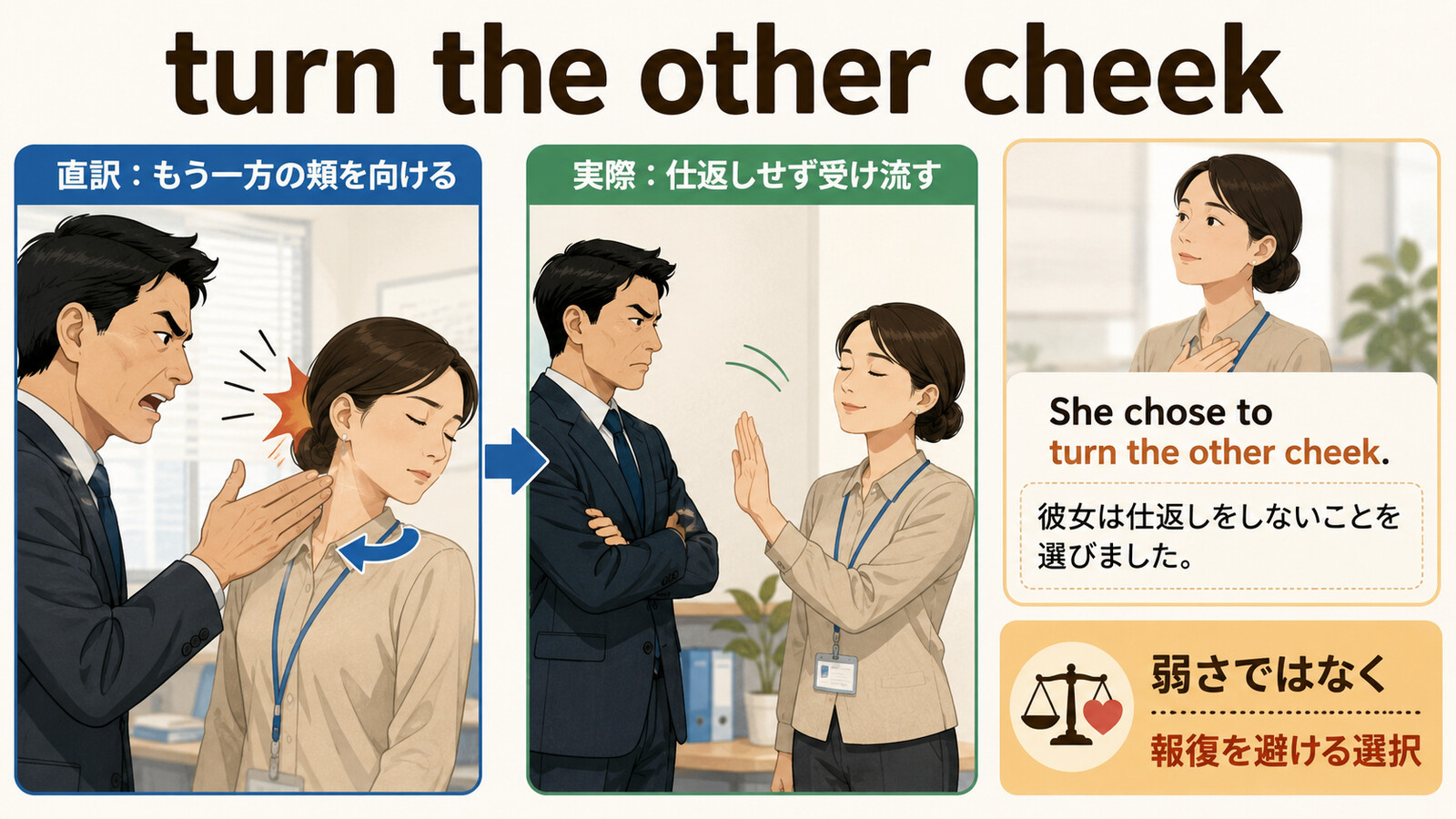 turn the other cheekの直訳と実際の意味を比較する本文イラスト