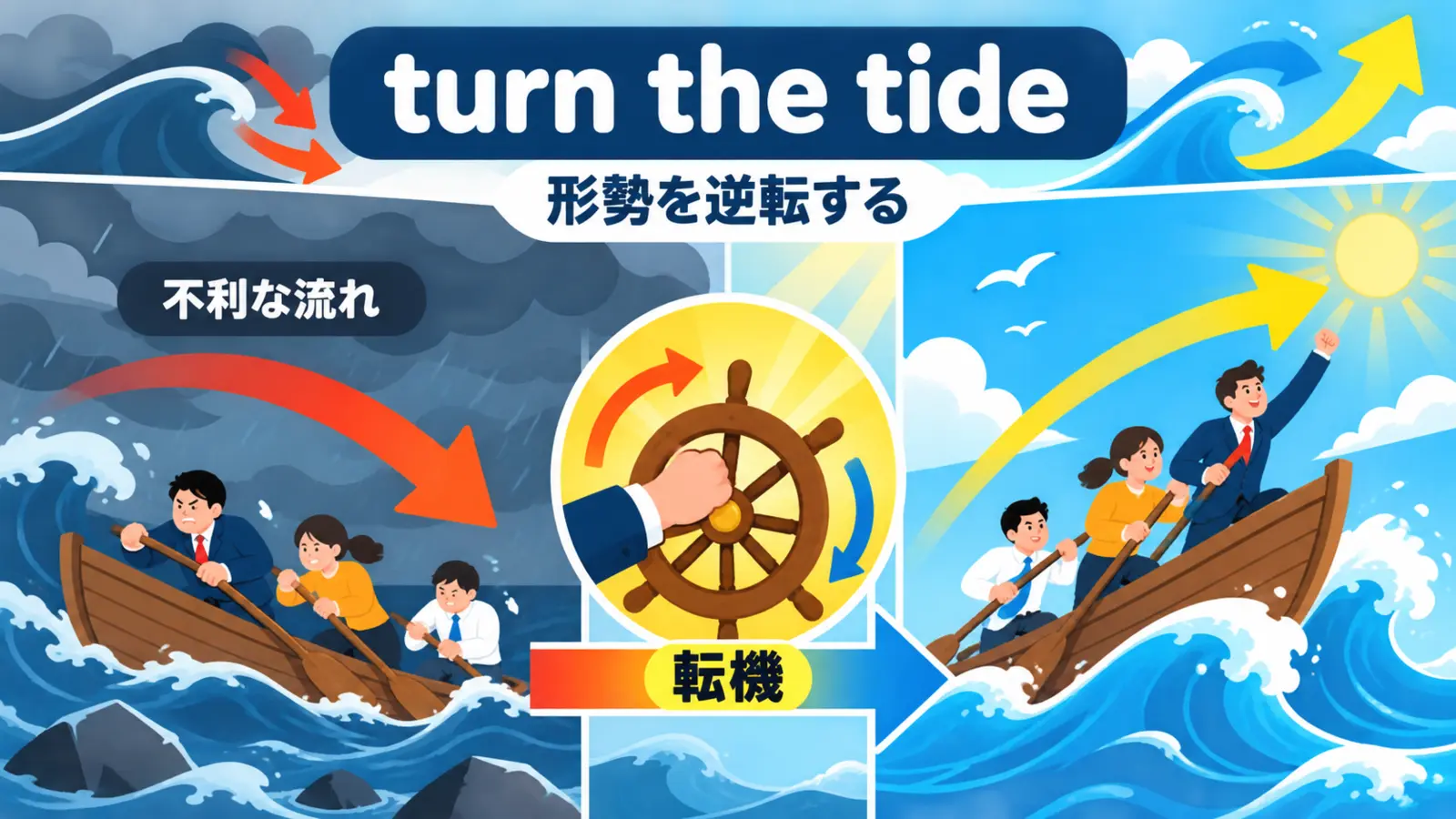 turn the tideは不利な流れを転機で変えることを示す解説イラスト