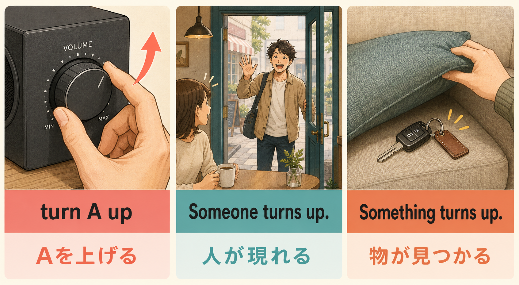 turn A up、人がturns up、物がturns upの3つの使い方