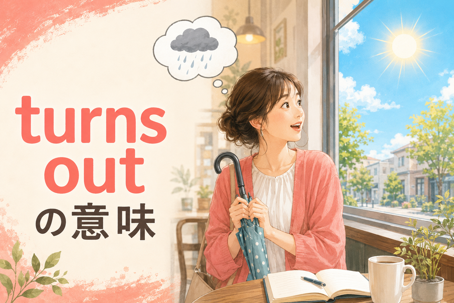 turns outの意味を、予想していた雨と実際の晴天で表したアイキャッチ