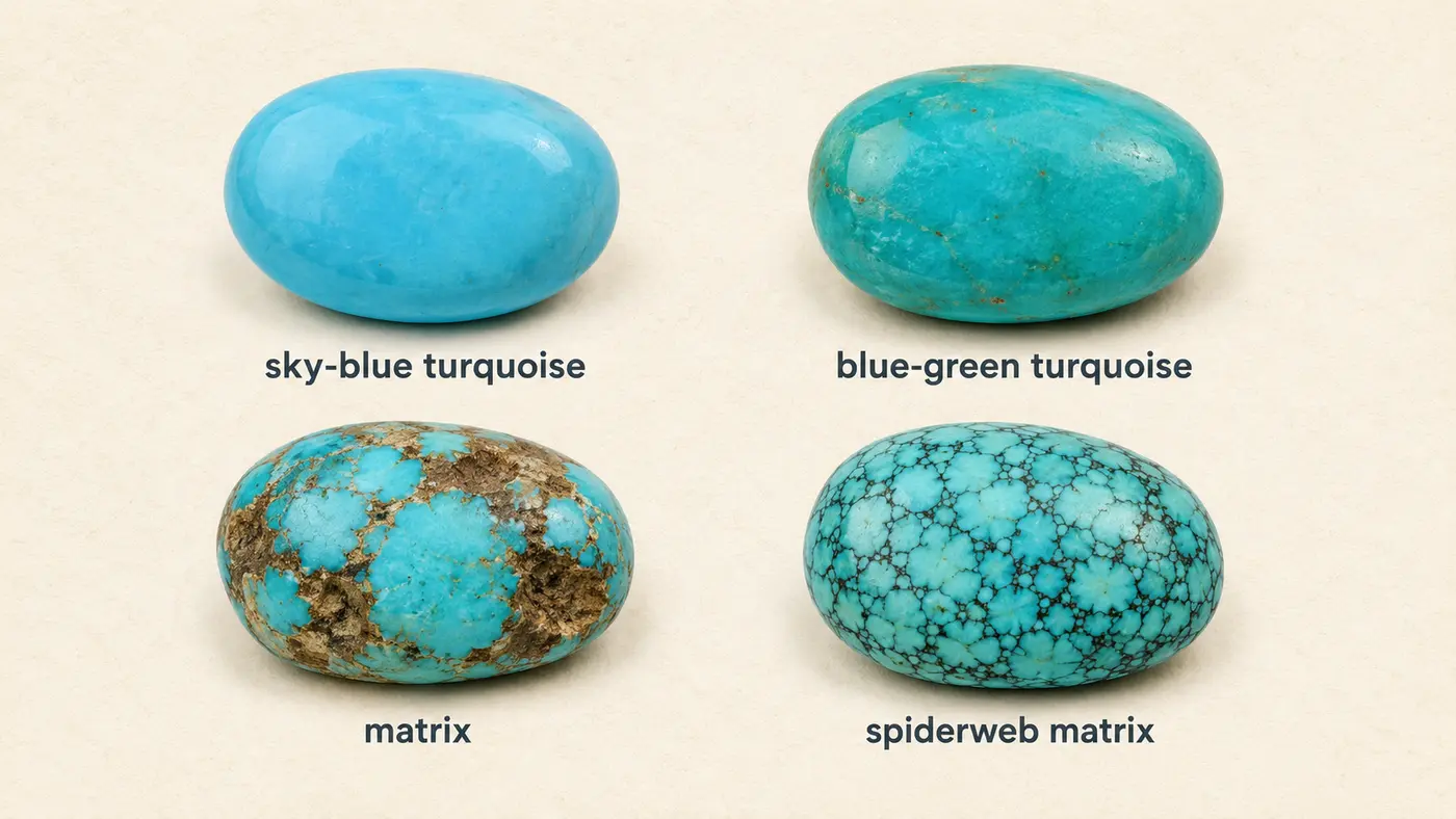 sky-blue turquoise、blue-green turquoise、matrix、spiderweb matrixの違い