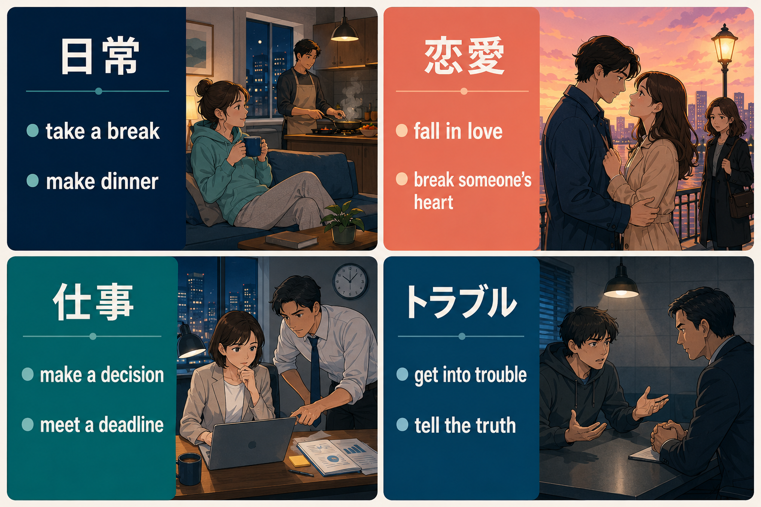 日常・恋愛・仕事・トラブル別の海外ドラマ英語コロケーション図解